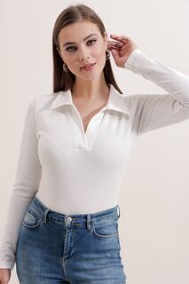 Женская укороченная блузка в рубчик с воротником-поло P22w191-5421 Pattaya, экрю
