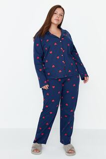 Пижамный комплект больших размеров - Темно-синий - Сердце Trendyol