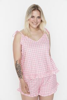 Пижамный комплект больших размеров - Розовый - В клетку Trendyol