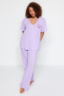 Пижамный комплект больших размеров - фиолетовый - вышивка Trendyol