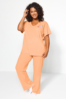 Пижамный комплект больших размеров - оранжевый - вышивка Trendyol