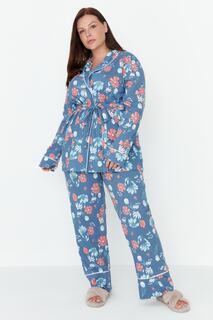 Пижамный комплект больших размеров - Синий - Цветочный принт Trendyol, синий