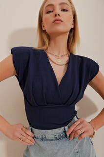 Женская укороченная блузка с глубоким v-образным вырезом и мягкой подкладкой темно-синего цвета Trend Alaçatı Stili, темно-синий