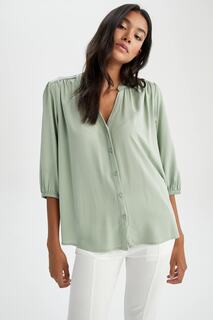 Блузка с V-образным вырезом, половиной рукава и складками DeFacto, зеленый