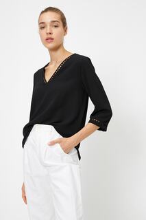 Блузка с вышивкой и V-образным вырезом, рукавами 3/4 Koton, черный