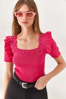 Женская укороченная блузка с рукавами фуксии и оборками в форме сердца, расшитая бисером Olalook, розовый