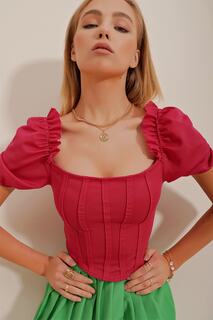 Женская укороченная блузка цвета фуксии с квадратным вырезом и прошитыми спереди рукавами арбуза Trend Alaçatı Stili, розовый