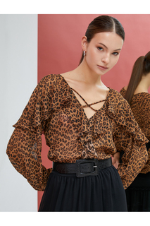 Блузка с леопардовым узором Шифон с длинными рукавами и рюшами V-образный вырез Koton, коричневый