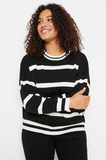 Черный трикотажный свитер в полоску с круглым вырезом Trendyol
