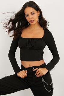 Женская укороченная блузка черного цвета с квадратным воротником и сборкой спереди B127-9 Cool &amp; Sexy, черный