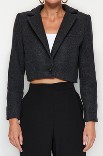 Черный укороченный пиджак из шерстяной ткани Trendyol