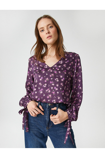 Блузка с цветочным принтом и объемными рукавами, завязка Koton, фиолетовый