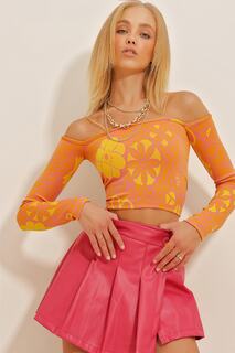 Женская укороченная трикотажная блузка оранжевого цвета цвета фуксии с длинными рукавами и узором на веревочном ремне Trend Alaçatı Stili, оранжевый