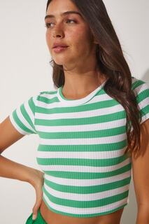 Женская укороченная хлопковая трикотажная футболка светло-зеленого цвета в полоску Happiness İstanbul, зеленый