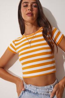 Женская укороченная хлопковая трикотажная футболка в оранжевую полоску Happiness İstanbul, оранжевый