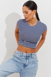 Женская укороченная футболка в сине-белую полоску Cool &amp; Sexy, темно-синий