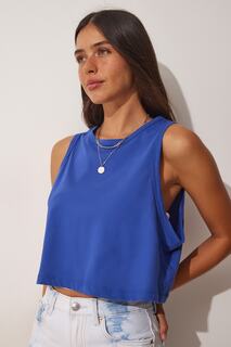 Женская укороченная футболка из хлопка кобальтового цвета с воротником-халтером Happiness İstanbul, синий