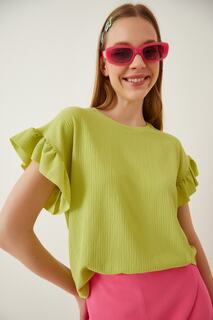 Женская фактурная трикотажная блузка фисташкового цвета с рюшами и рукавами Happiness İstanbul, зеленый