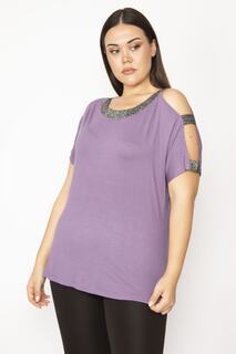 Женская фиолетовая блузка большого размера с одним плечом и блестящим воротником Şans, фиолетовый