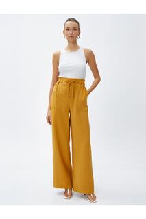 Шелковистые текстурированные брюки с завязками на талии и широкими штанинами Koton, желтый