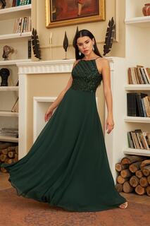 Изумрудное длинное вечернее платье с пайетками Carmen, зеленый