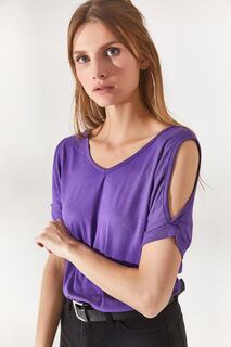 Женская фиолетовая трикотажная блузка из вискозы с V-образным вырезом и глубоким вырезом на плечах Olalook, фиолетовый