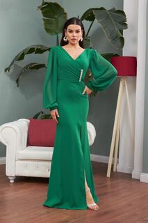 Изумрудное шифоновое длинное вечернее платье с пряжкой Carmen, зеленый