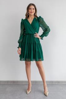 Изумрудно-зеленое вечернее платье с деталью на плечах, эластичным поясом, шифоновой тканью на подкладке, двубортным вырезом lovebox, зеленый