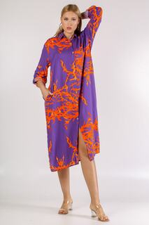 Итальянское фиолетовое тканое платье с рубашечным воротником и рукавами 3/4 на пуговицах Chiccy, фиолетовый