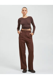 Широкие брюки, тканевые пуговицы в рубчик Koton, коричневый