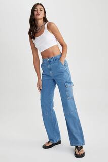 Широкие джинсовые брюки из 100% хлопка с карманом-карго DeFacto, синий