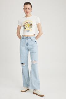 Широкие рваные джинсы с детальным вырезом в стиле 90-х, длинные брюки из 100% хлопка DeFacto, синий