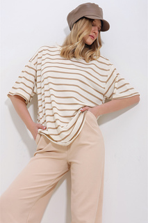 Женская футболка унисекс в полоску с молоком и кофе с круглым вырезом в рубчик, 2 нити ALC-X11418 Trend Alaçatı Stili, коричневый