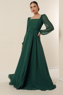 Шифоновое длинное вечернее платье с квадратным вырезом и поясом на талии By Saygı, зеленый