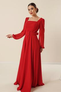 Шифоновое длинное вечернее платье с квадратным вырезом и поясом на талии By Saygı, красный