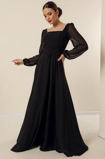 Шифоновое длинное вечернее платье с квадратным вырезом и поясом на талии By Saygı, черный