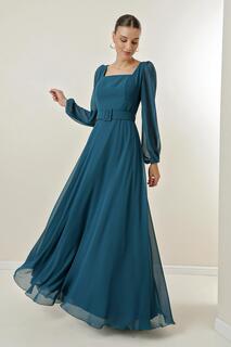 Шифоновое длинное вечернее платье с квадратным вырезом и поясом на талии By Saygı, синий