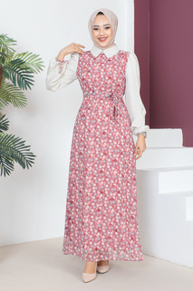 Шифоновое платье с завязками на рукавах TSD230602 Розовый Tesettür Dünyası