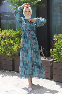 Шифоновое платье с эластичными рукавами Tsd220640 Бирюзовое Tesettür Dünyası, бирюзовый