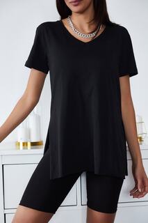 Женская черная базовая футболка с v-образным вырезом и разрезом XHAN, черный