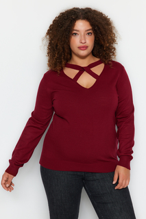 Бордовый вязаный свитер с окном/вырезами Trendyol