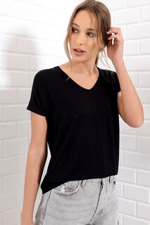 Женская черная базовая футболка с v-образным вырезом Trend Alaçatı Stili, черный
