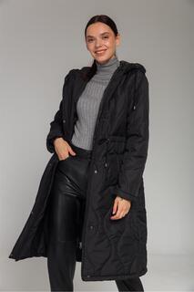 Стеганое пальто с капюшоном и кулиской Черное 5699 Olcay, черный