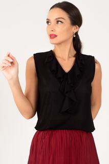 Женская черная блузка без рукавов в полоску с воротником с оборками armonika, черный