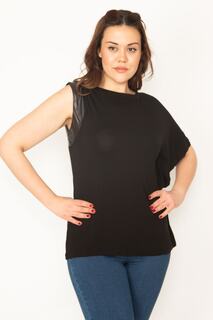 Женская черная блузка большого размера из искусственной кожи с одним рукавом и длинными рукавами 65n25593 Şans, черный