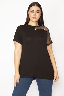 Женская черная блузка большого размера из тюля и жемчуга Şans, черный