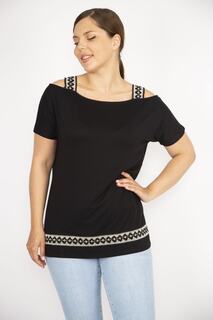 Женская черная блузка больших размеров с бретельками и деталями по краю Şans, черный