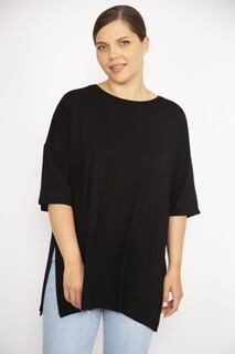 Женская черная блузка больших размеров с боковым разрезом и короткими рукавами Şans, черный