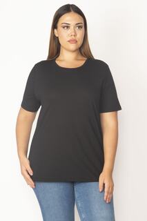 Женская черная блузка большого размера из хлопчатобумажной ткани с круглым вырезом и короткими рукавами 65n29545 Şans, черный