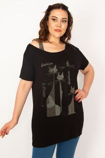 Женская черная блузка большого размера с одним бретелем спереди и камнями 65n33341 Şans, черный